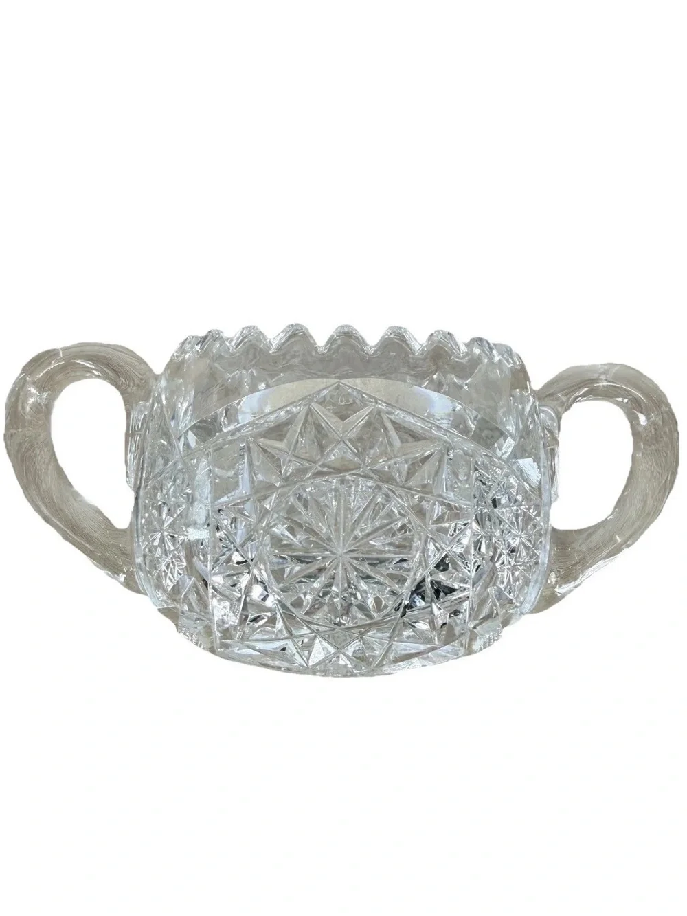 Antique American Brilliant Period Cut Glass Sugar Bowl Hobstar Sawtooth Crystal